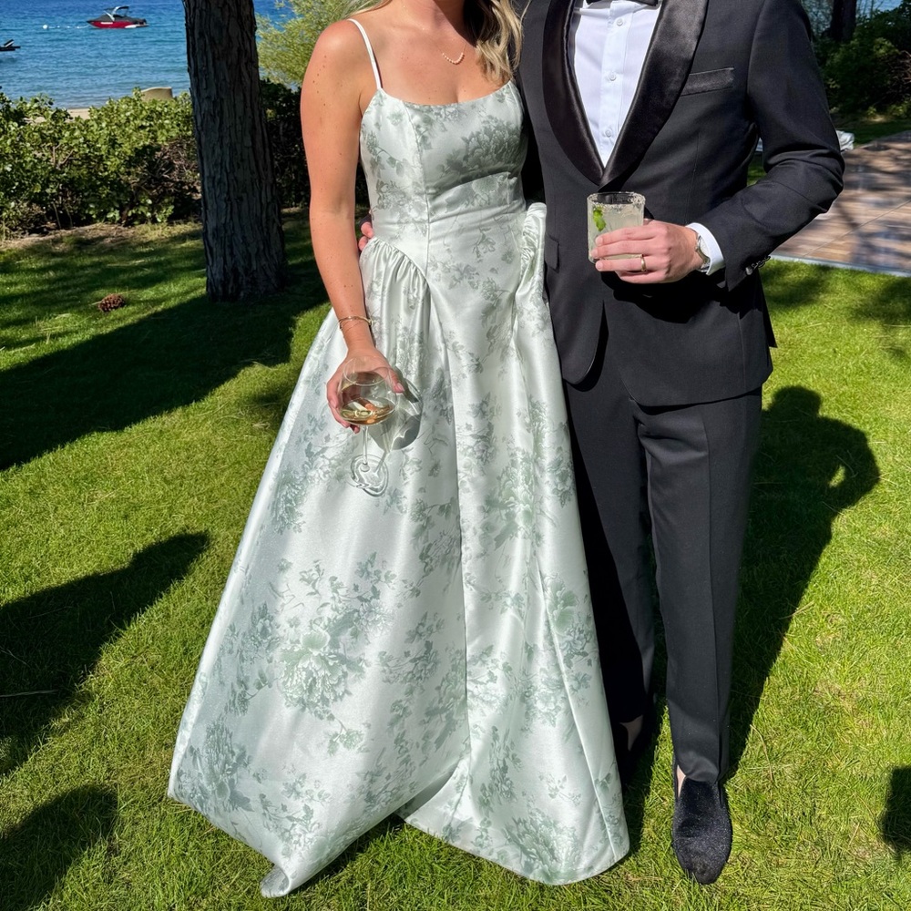 Basque waist ballgown- sage green floral